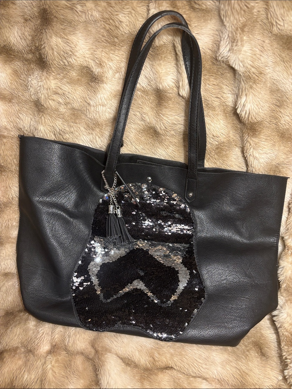 First Order Black Sequin Tote Bag with Tassel Accent